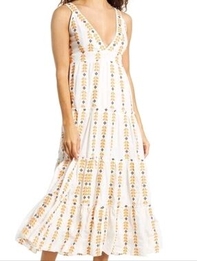 Area Stars Sorrento Midi Embroidered Dress Boho White Yellow Lined Size XS Zip